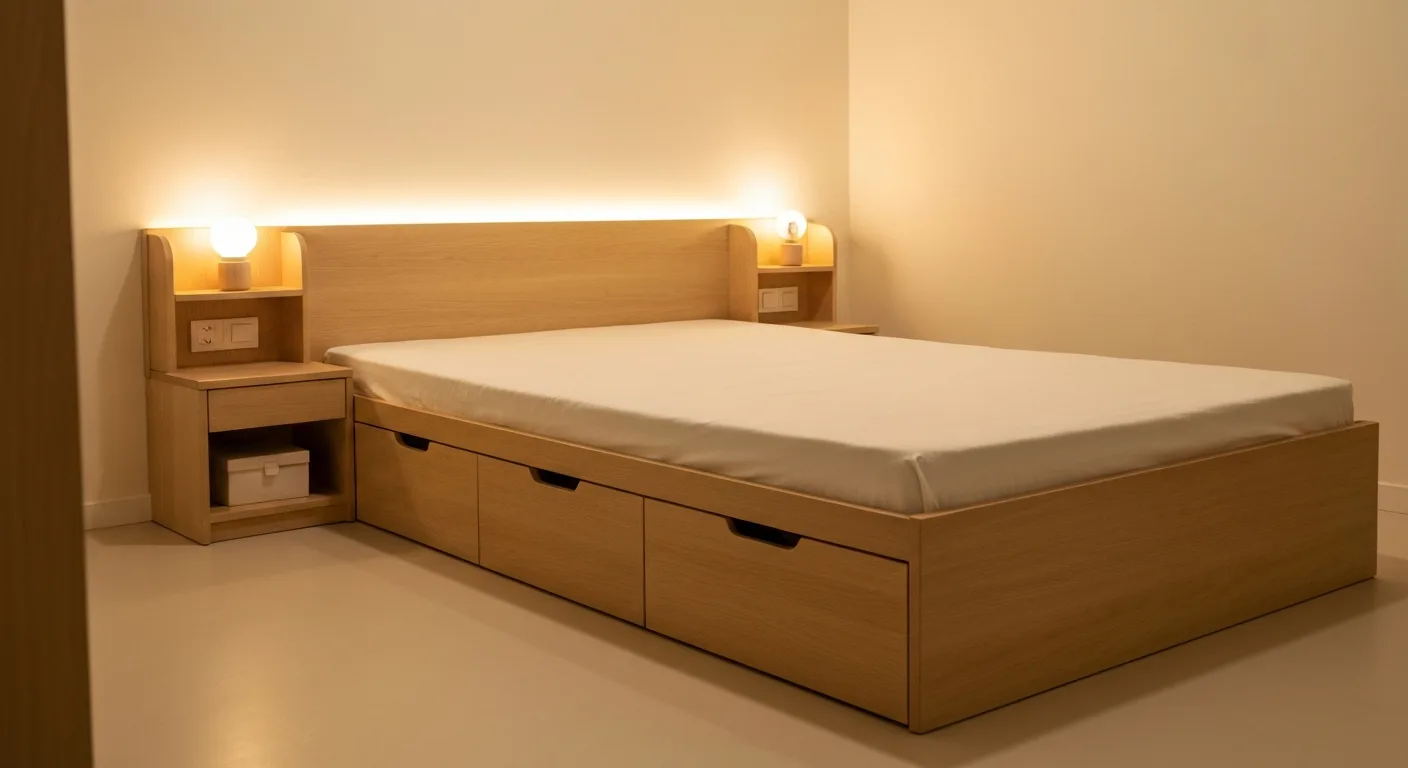 3D mockup of a platform bed with under-bed storage