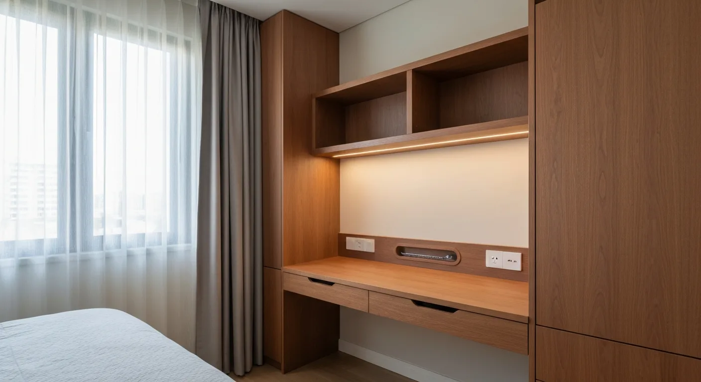 3D mockup of a built-in bedroom study desk