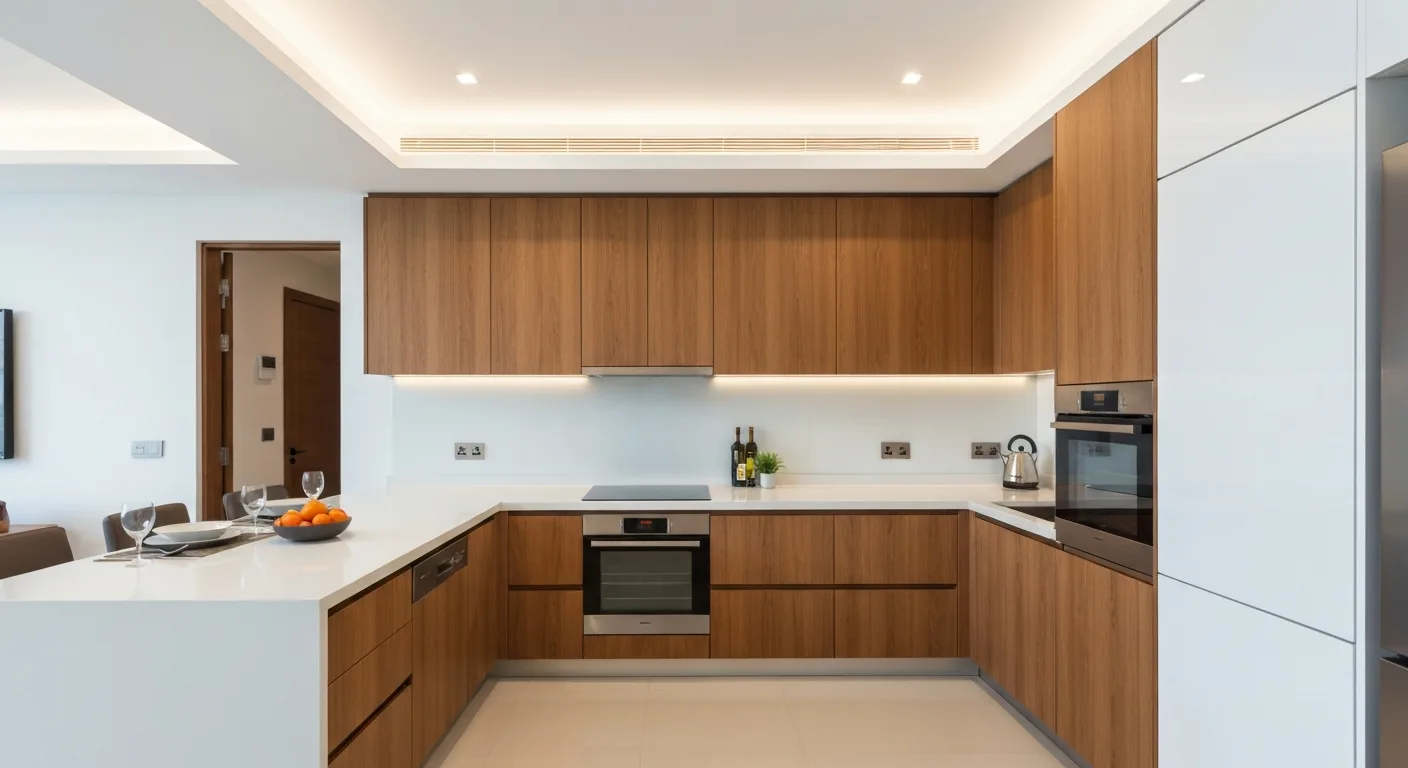 3D mockup of a custom Singapore kitchen with top and bottom cabinets