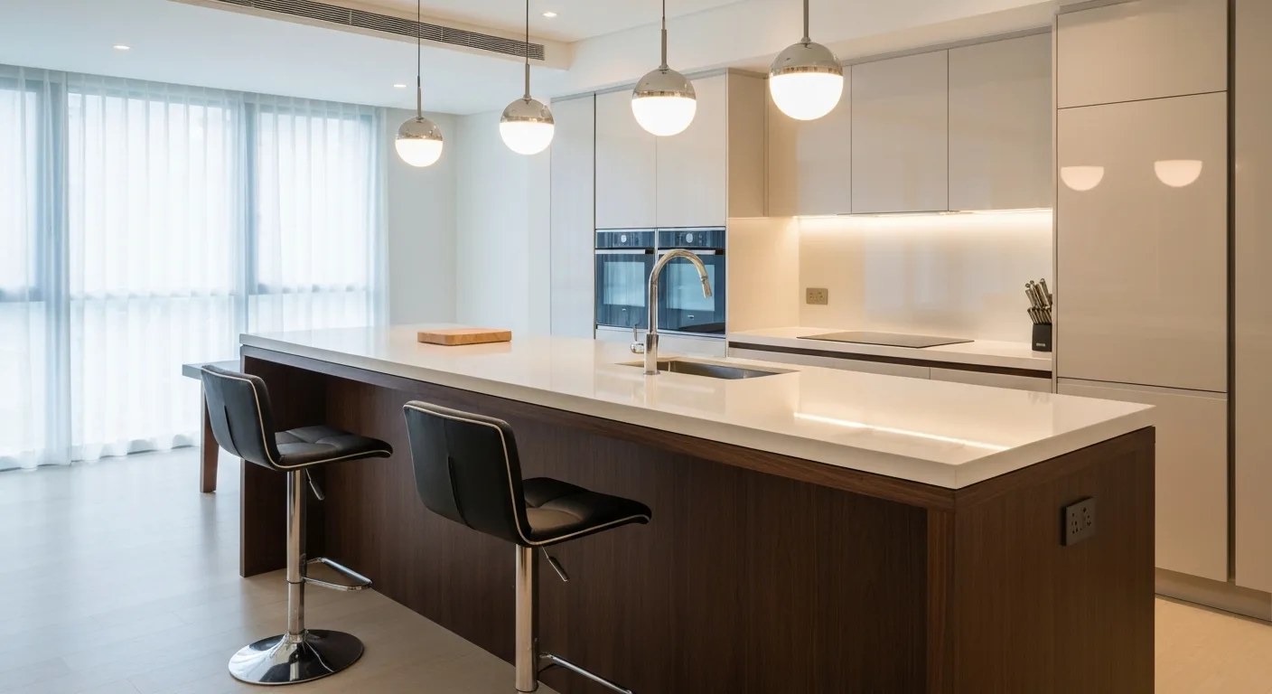 3D mockup of a kitchen island with seating and storage