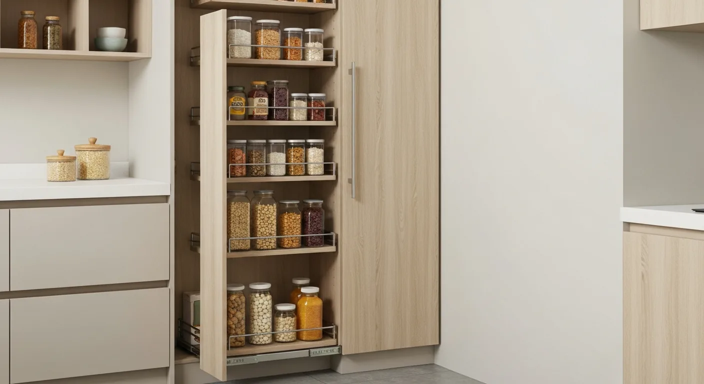 3D mockup of a full-height kitchen pantry wall