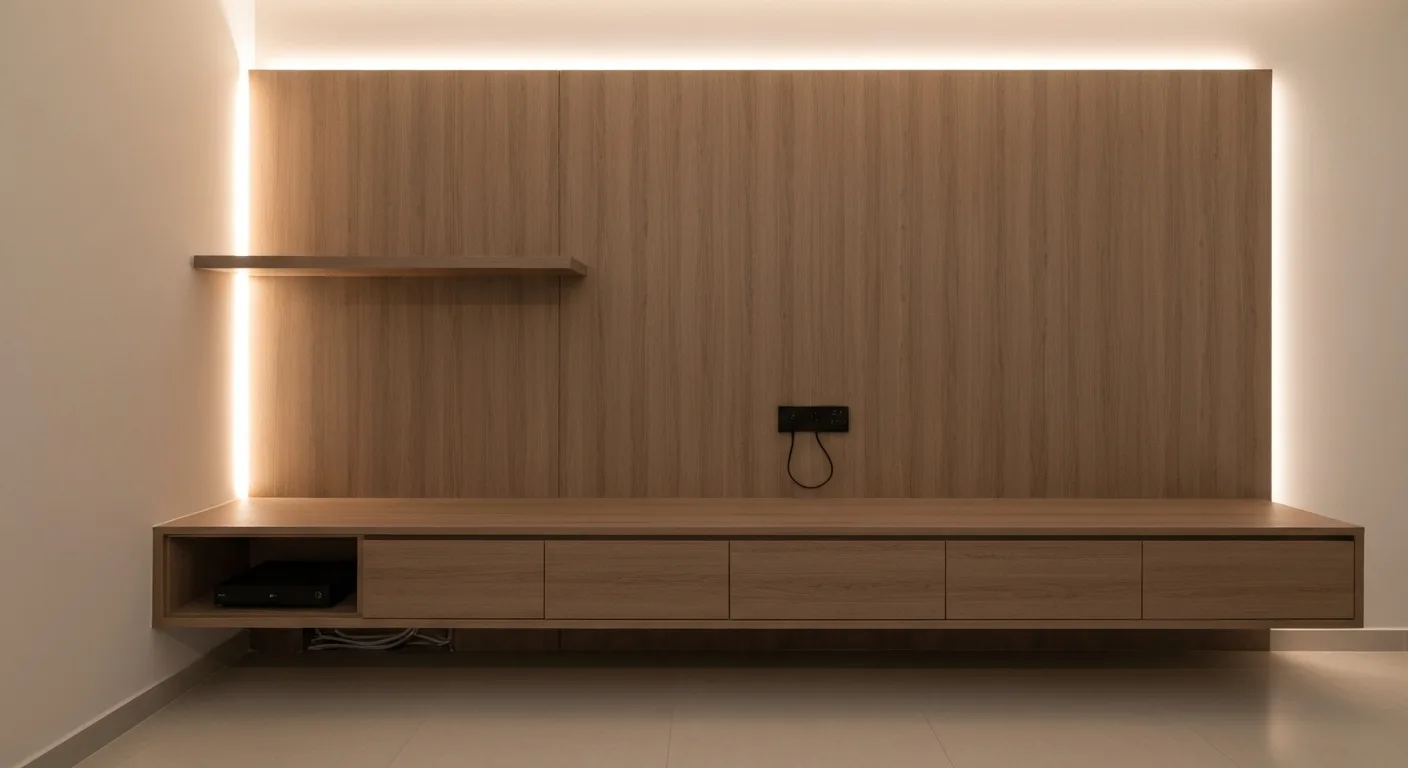 3D mockup of a TV console and feature wall