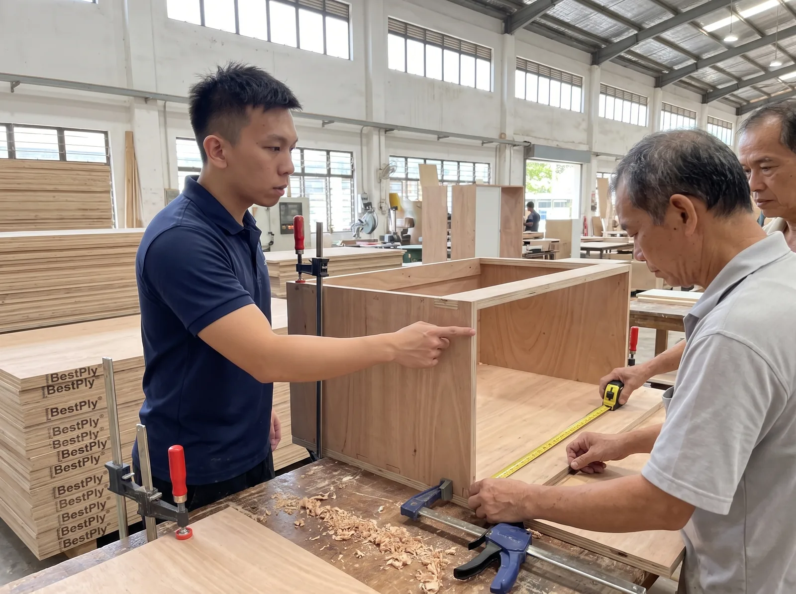 Darren Diong supervising carpenters assembling plywood cabinets on the factory floor