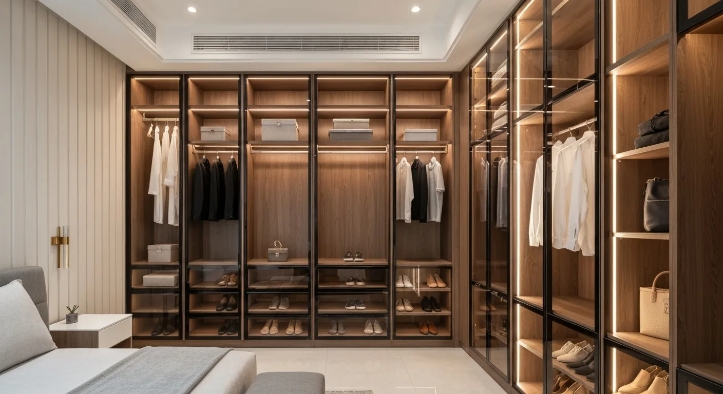 3D mockup of a walk-in wardrobe with lighting